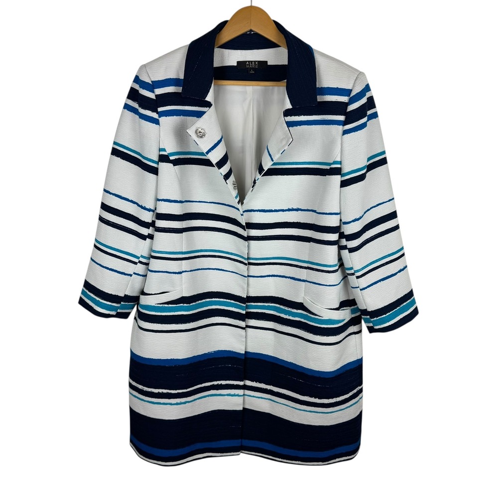 Alex Marie Womens Striped Textured Coat Large Blue‎ White Longline Jacket Office
